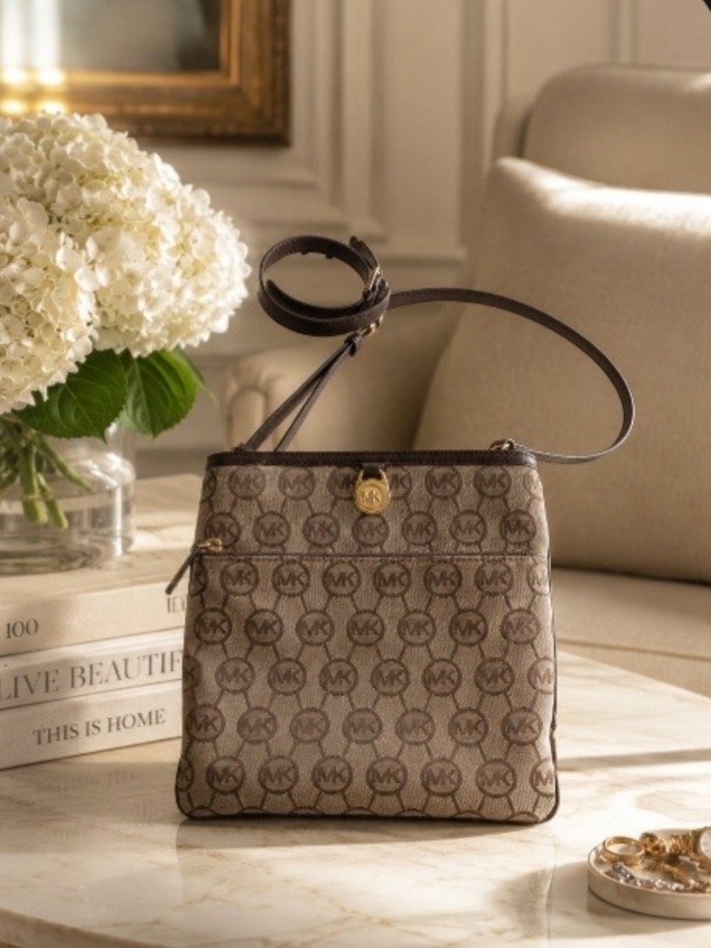 Michael Kors Brown Signature MK Logo Adjustable Strap Crossbody Bag NWOT